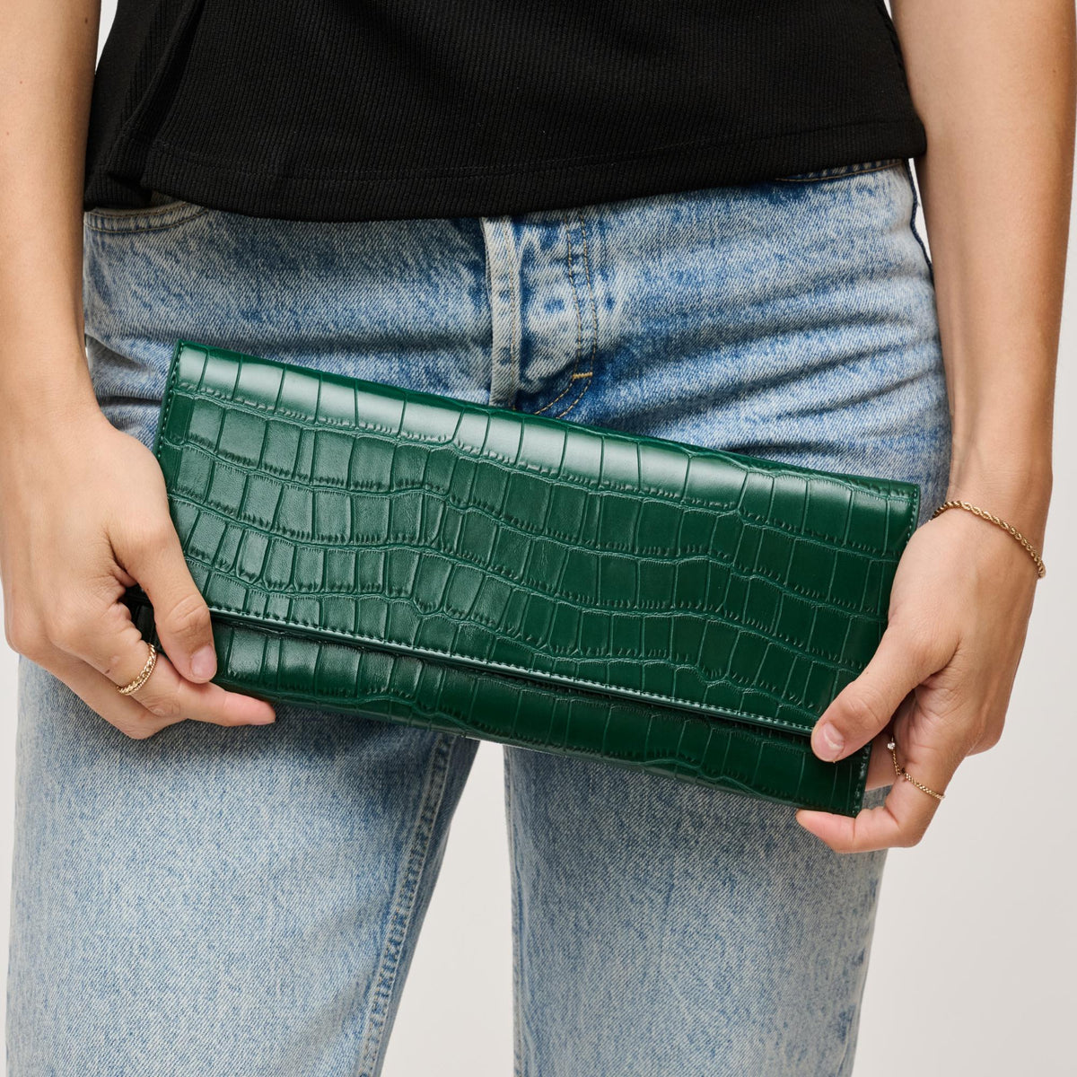 Woman wearing Forest Urban Expressions Adelle Clutch 840611139689 View 4 | Forest