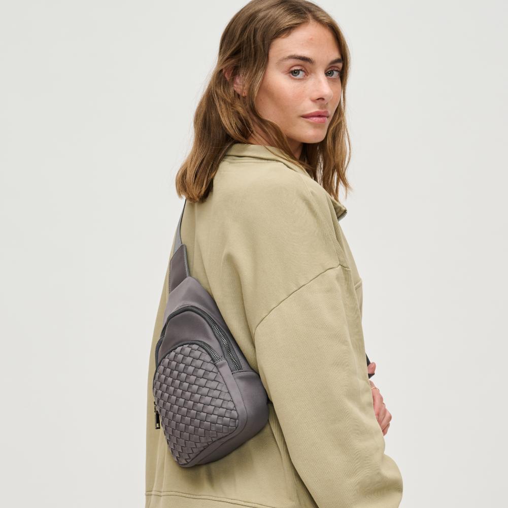 Woman wearing Grey Urban Expressions Hailey Sling Backpack 840611125491 View 3 | Grey