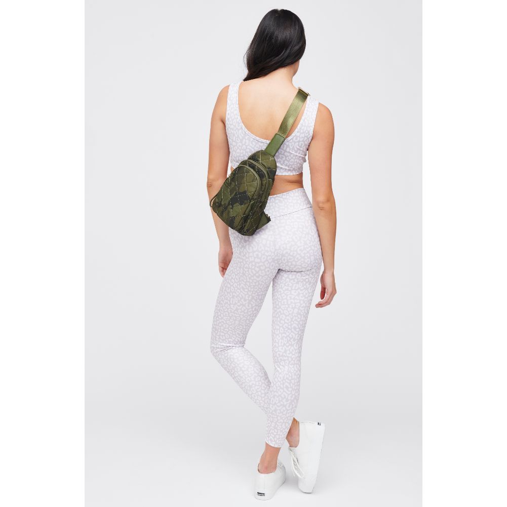 Woman wearing Dark Green Camo Urban Expressions Ace - Quilted Nylon Sling Backpack 840611184207 View 3 | Dark Green Camo