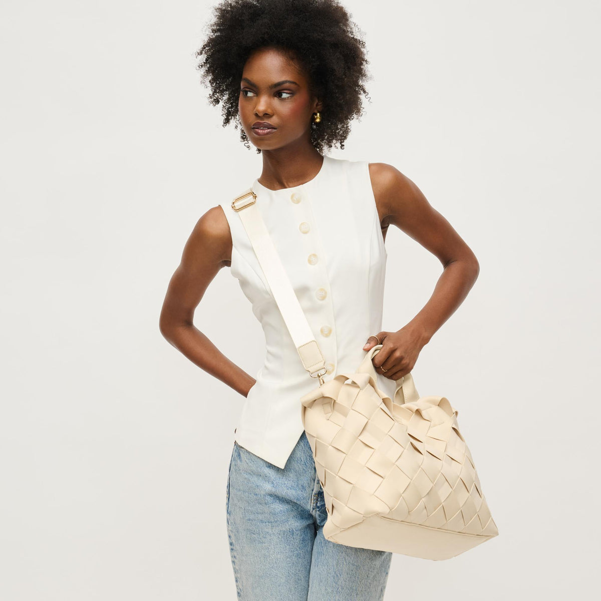 Woman wearing Cream Urban Expressions Ruth Tote 840611146762 View 3 | Cream