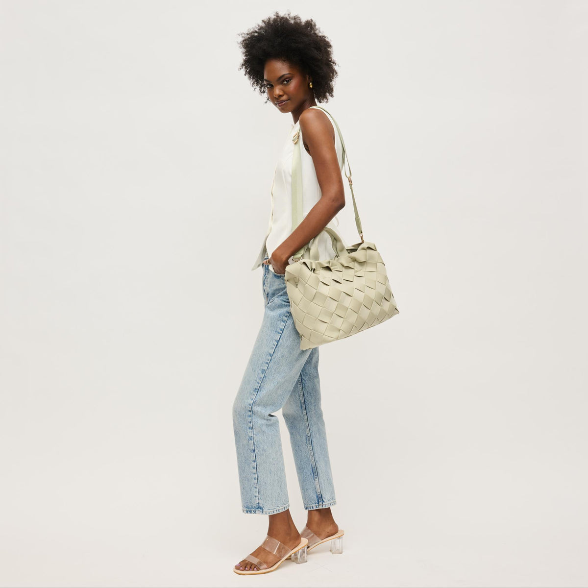 Woman wearing Sage Urban Expressions Ruth Tote 840611146755 View 2 | Sage