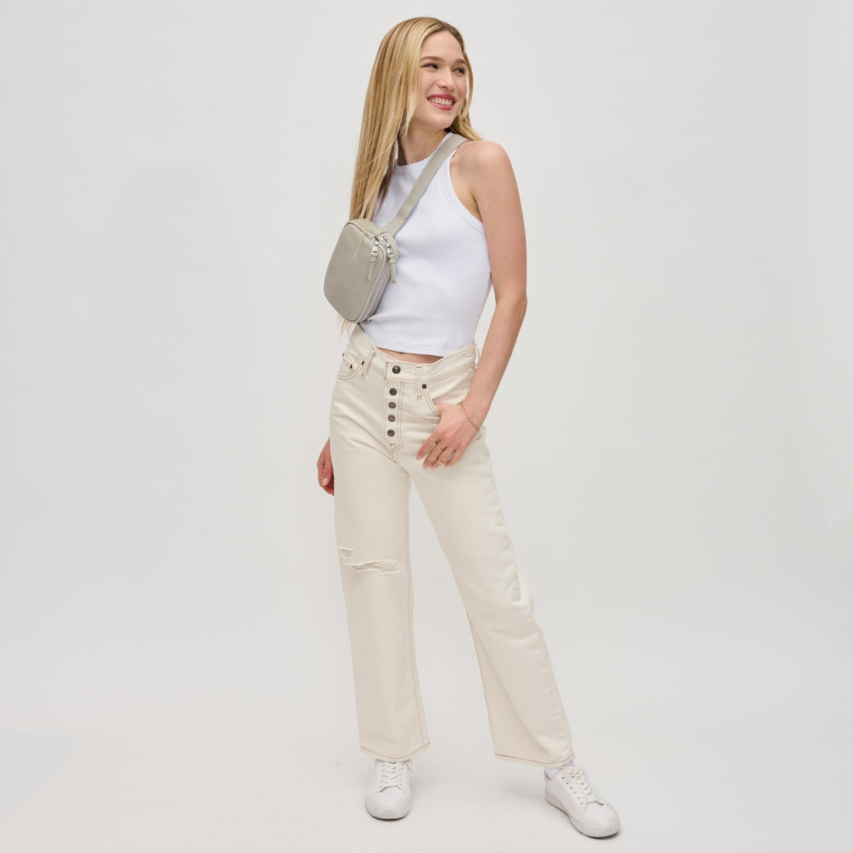 Woman wearing Dove Grey Urban Expressions Jaxx Belt Bag 840611191724 View 3 | Dove Grey