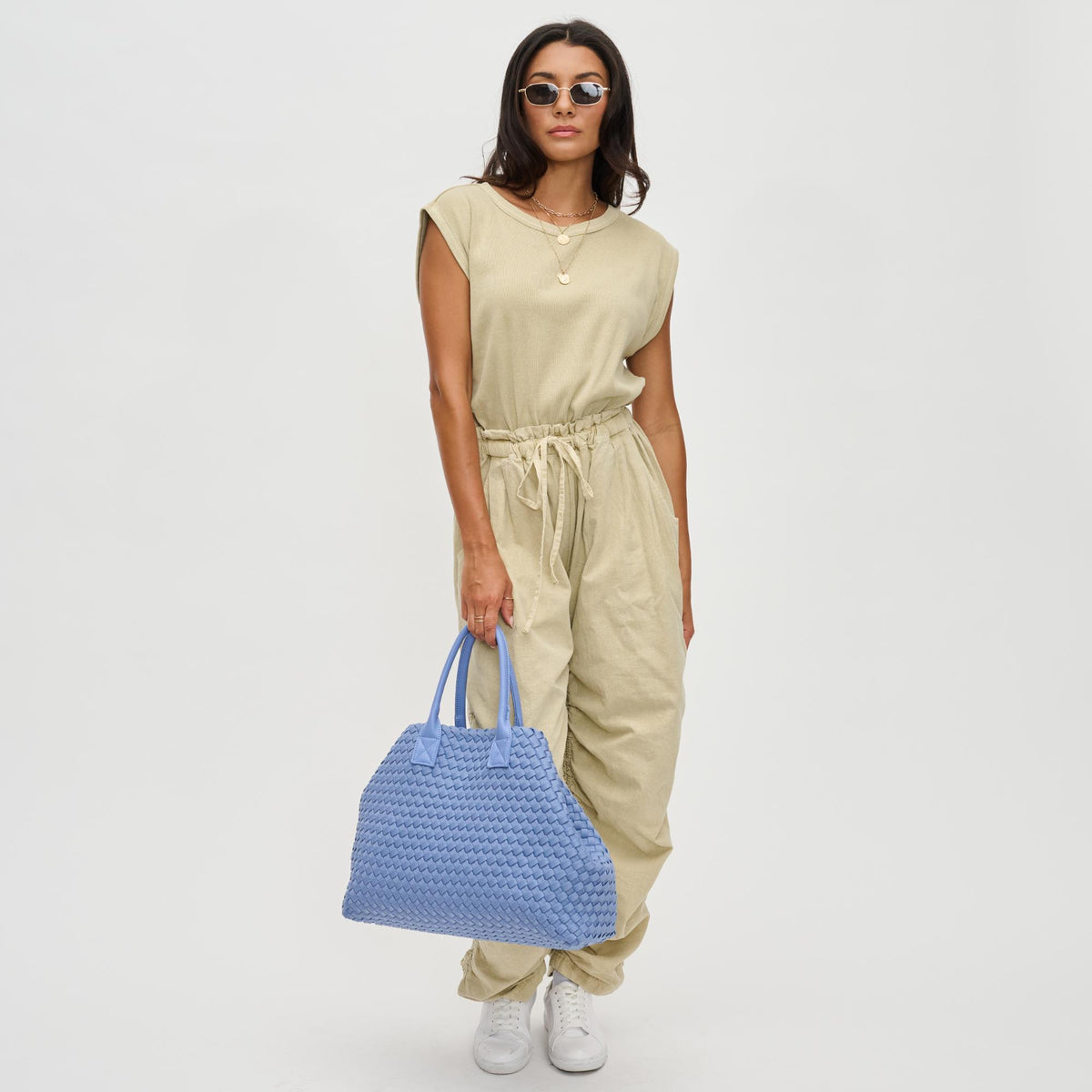 Woman wearing Periwinkle Urban Expressions Ithaca - Woven Neoprene Tote 840611128751 View 3 | Periwinkle