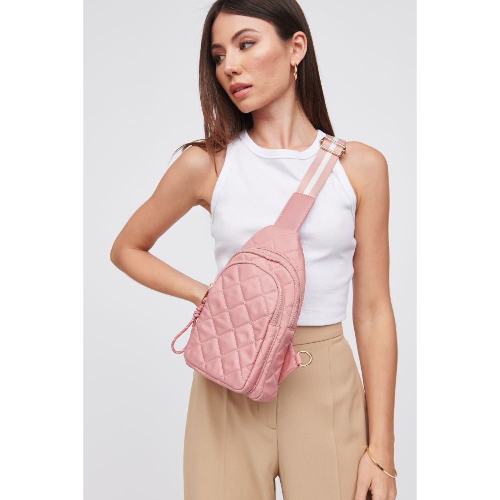 Woman wearing Pastel Pink Urban Expressions Ace - Quilted Nylon Sling Backpack 840611101709 View 1 | Pastel Pink