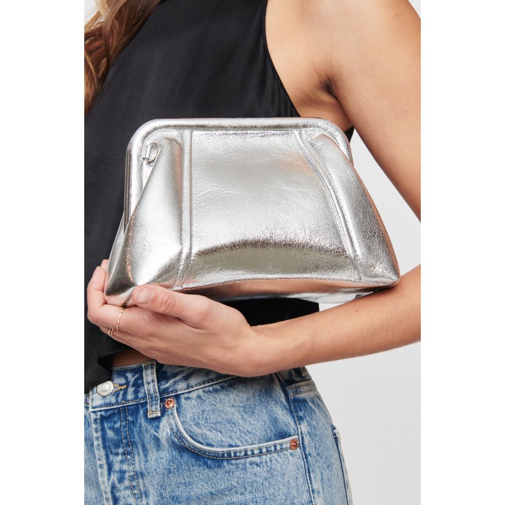 Woman wearing Silver Urban Expressions Agatha Metallic Clutch 840611103581 View 4 | Silver