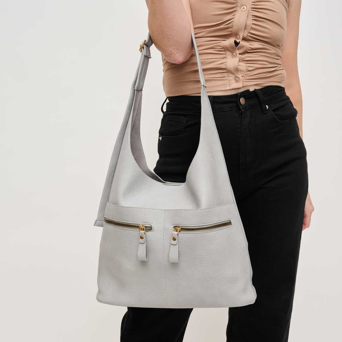 Woman wearing Grey Urban Expressions Rhea Hobo 840611145260 View 4 | Grey