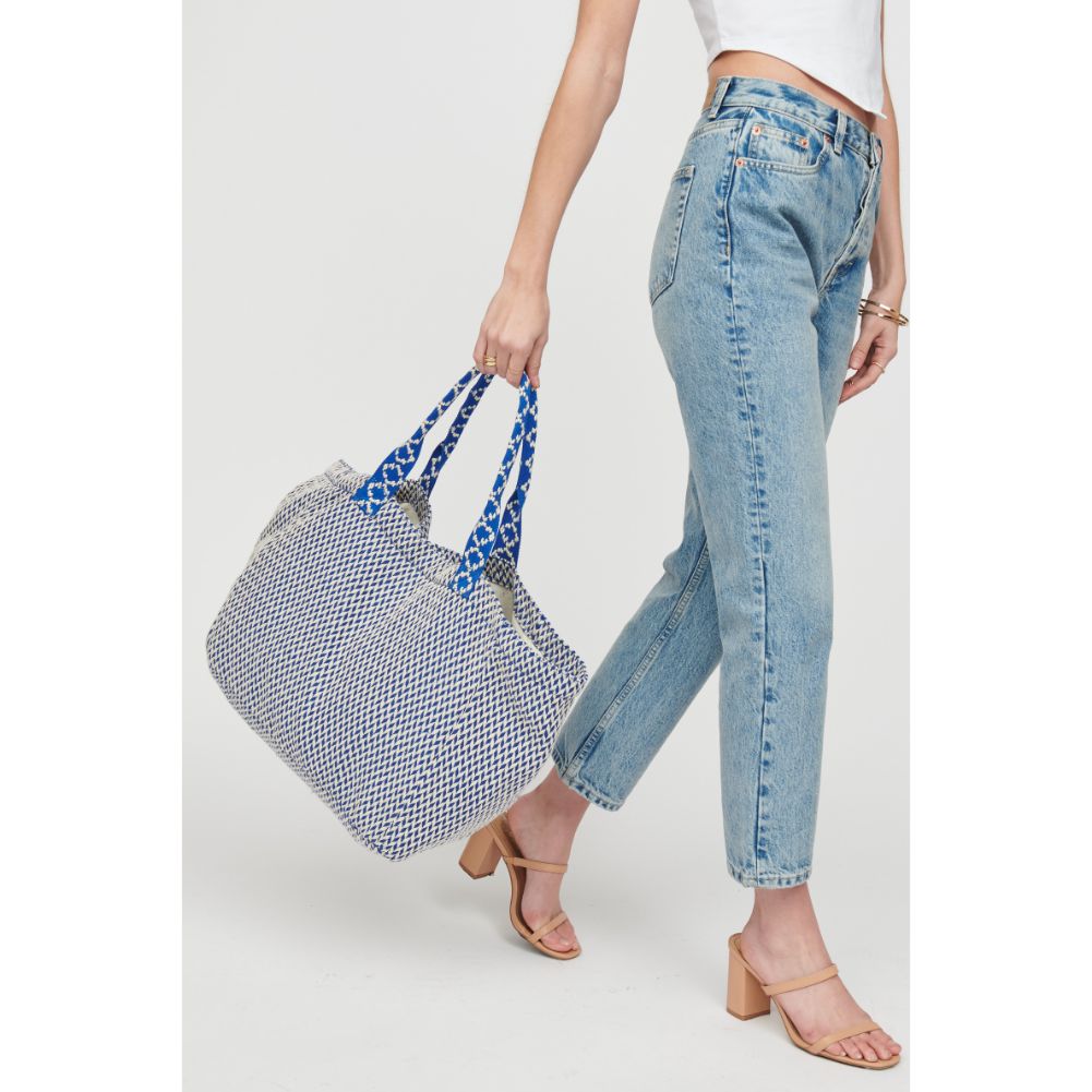 Woman wearing Blue White Urban Expressions Marbella Tote 818209015738 View 4 | Blue White