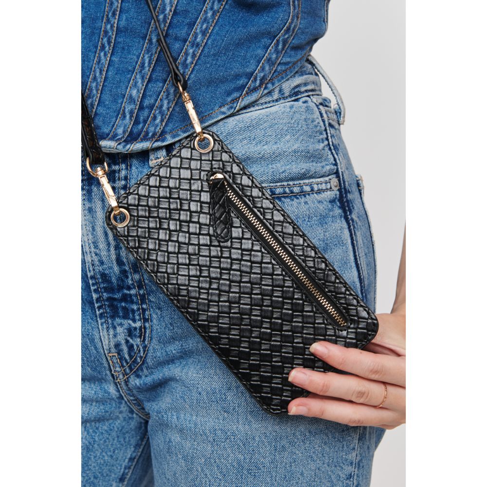 Woman wearing Black Urban Expressions Claire Woven Cell Phone Crossbody 840611102331 View 3 | Black