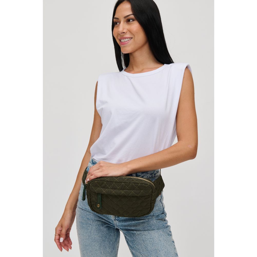 Woman wearing Olive Urban Expressions Teo - Quilted Nylon Belt Bag 840611114754 View 3 | Olive