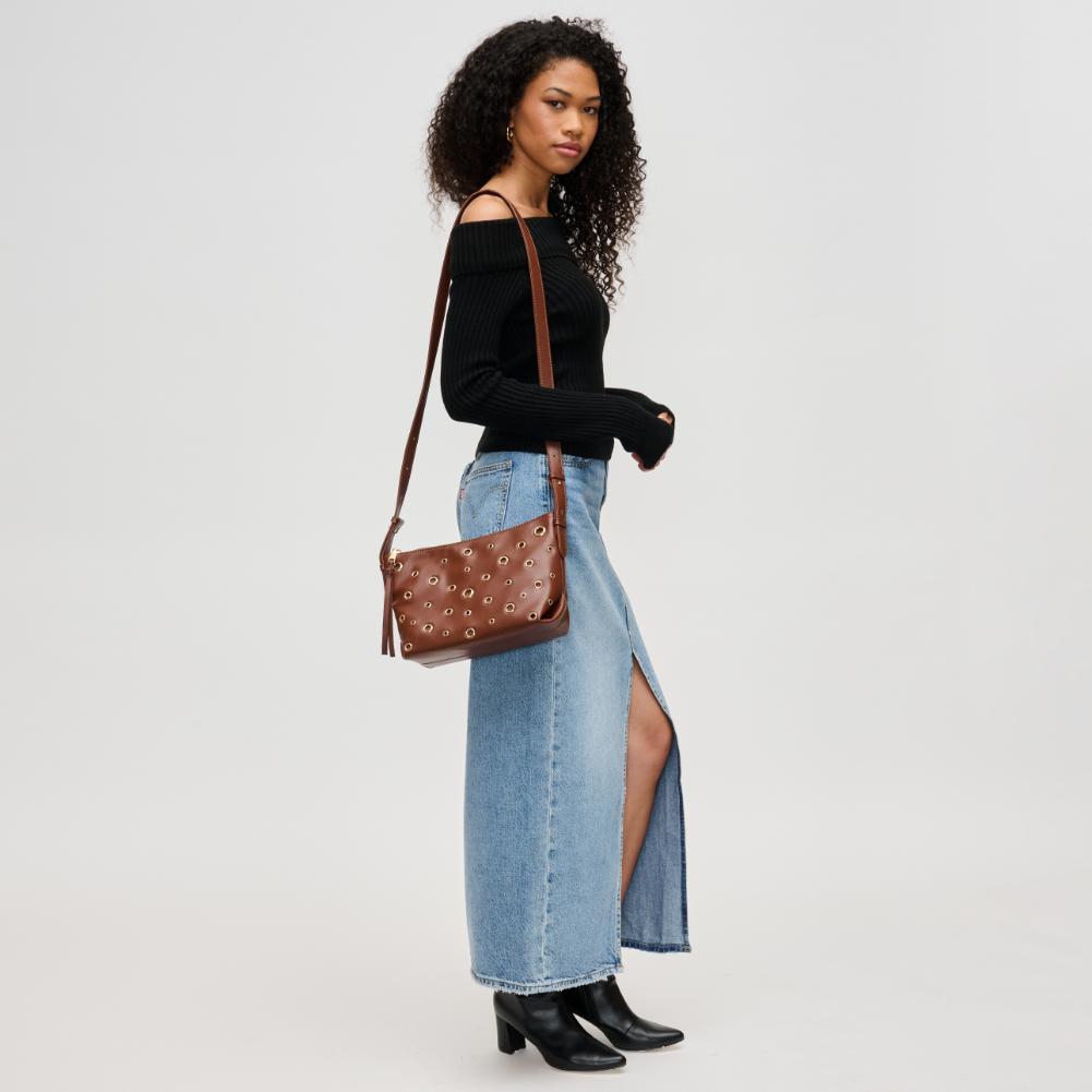 Woman wearing Chocolate Urban Expressions Taran Crossbody 840611194282 View 2 | Chocolate