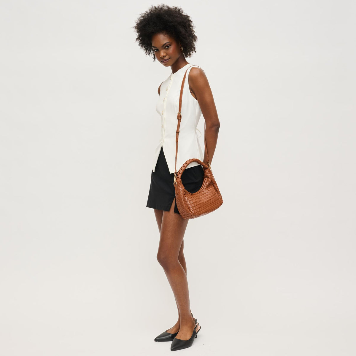 Woman wearing Light Chocolate Urban Expressions Laken Crossbody 840611144591 View 4 | Light Chocolate