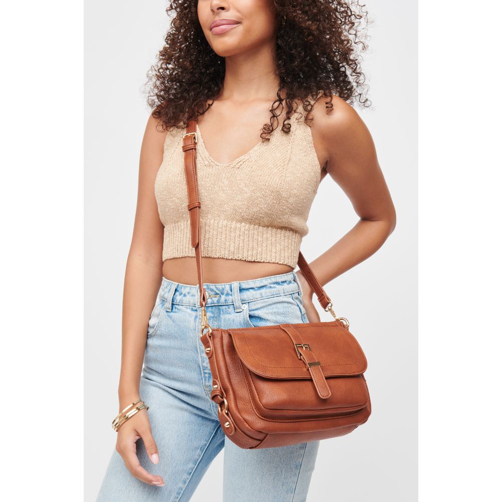 Woman wearing Cognac Urban Expressions Lizzie Crossbody 840611184627 View 1 | Cognac