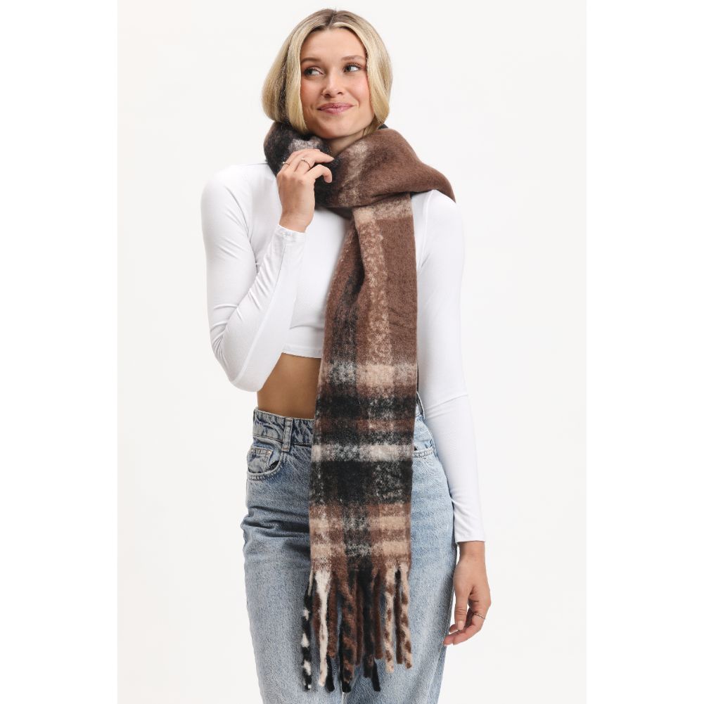 Woman wearing Black Brown Urban Expressions Shaun Scarves 840611116444 View 2 | Black Brown