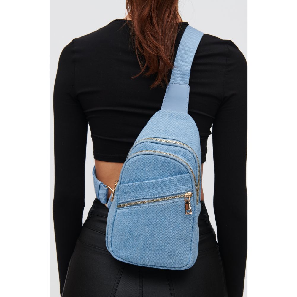 Woman wearing Denim Urban Expressions Zephyr Denim Sling Backpack 840611106872 View 4 | Denim