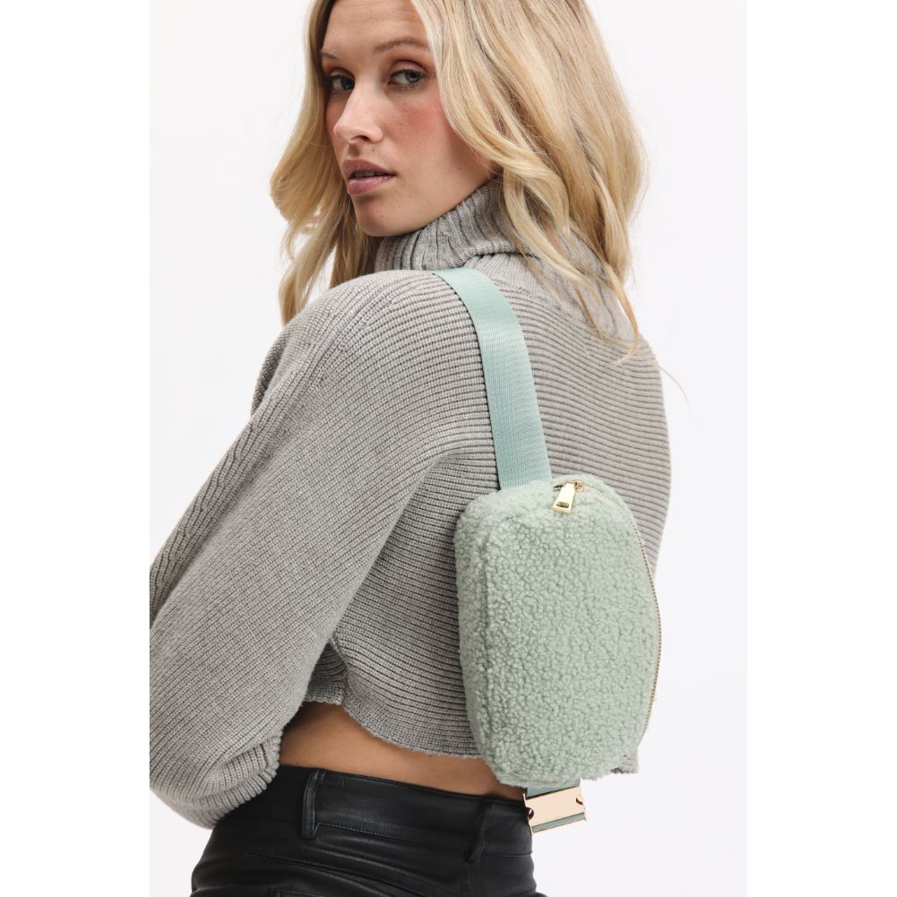 Woman wearing Sage Urban Expressions Santi Belt Bag 840611190468 View 2 | Sage