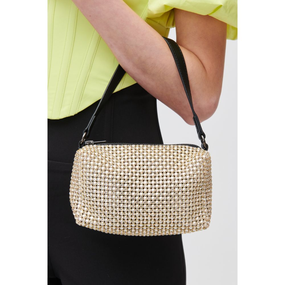 Woman wearing Pearl Gold Urban Expressions Glow Evening Bag 840611112996 View 1 | Pearl Gold