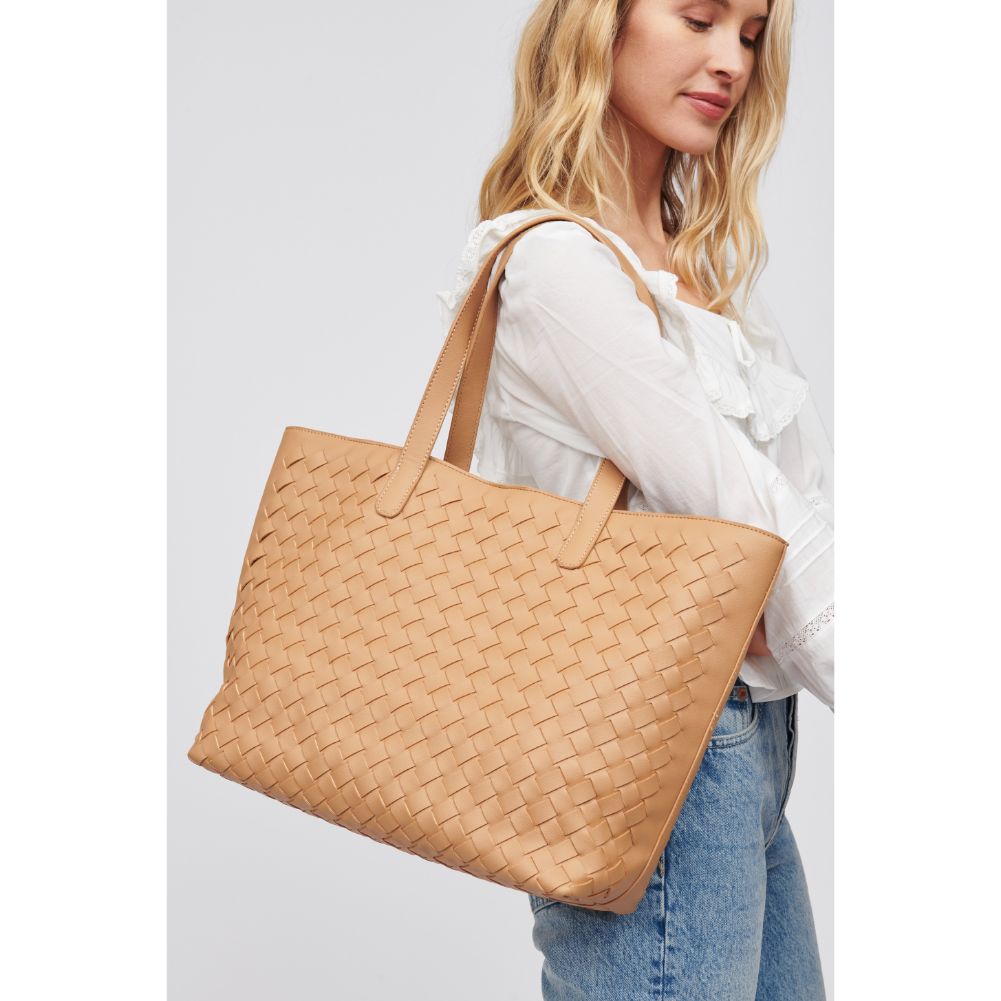 Woman wearing Camel Urban Expressions Valencia - Woven Tote 840611101631 View 1 | Camel