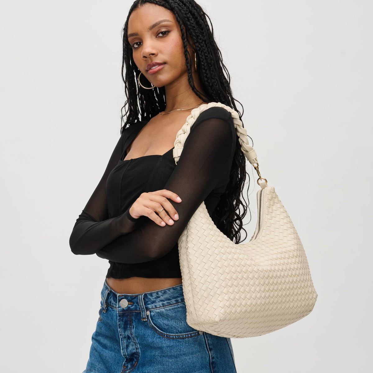 Woman wearing Cream Urban Expressions Sabrina Hobo 840611126184 View 1 | Cream