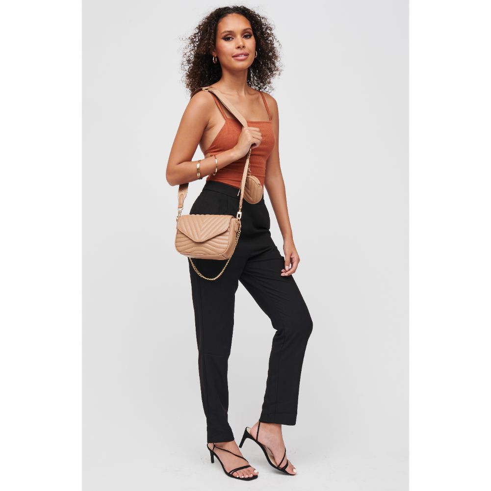 Woman wearing Nude Urban Expressions Rayne Crossbody 840611183071 View 3 | Nude