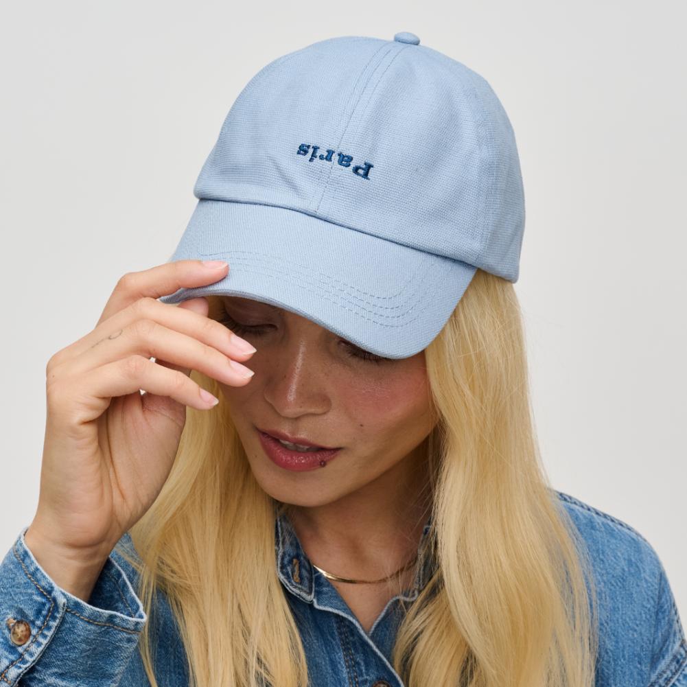 Woman wearing Light Blue Urban Expressions Paris Embroidered Hat Baseball Cap 840611193100 View 1 | Light Blue