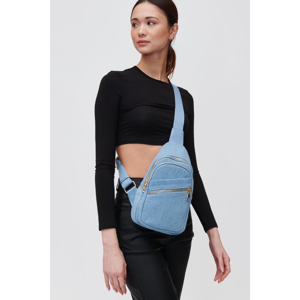 Woman wearing Denim Urban Expressions Zephyr Denim Sling Backpack 840611106872 View 2 | Denim