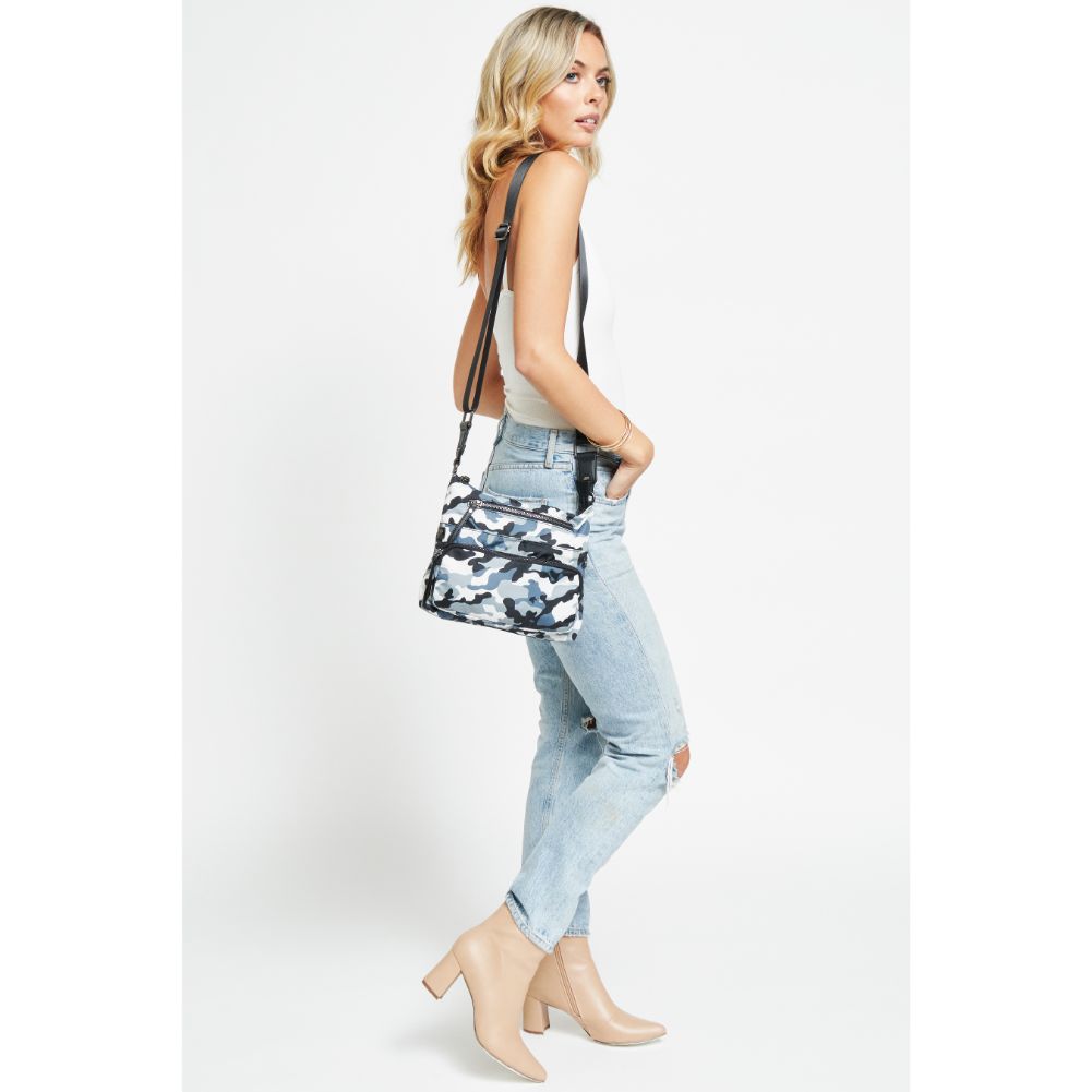 Woman wearing Blue Camo Urban Expressions Julia Crossbody 840611178411 View 3 | Blue Camo