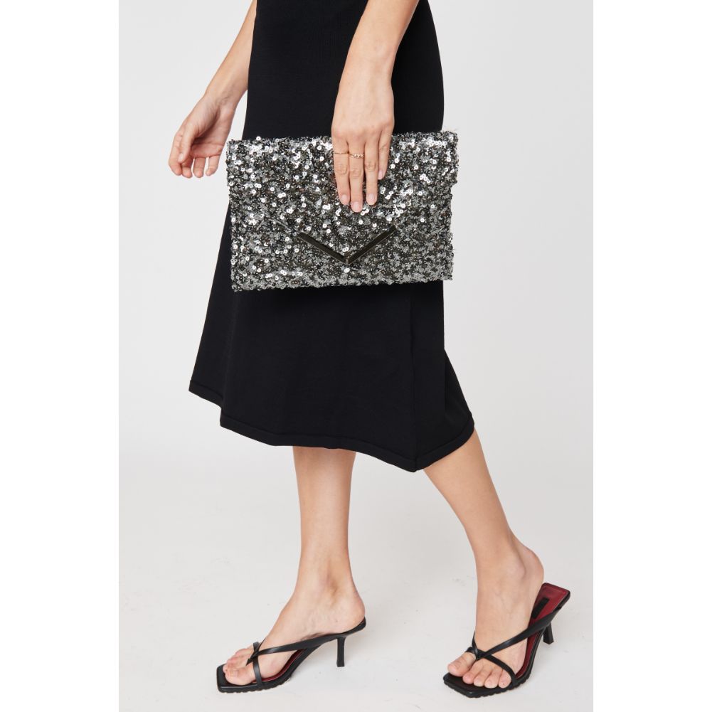 Woman wearing Pewter Urban Expressions Rizza Sequin Evening Bag 840611103444 View 2 | Pewter