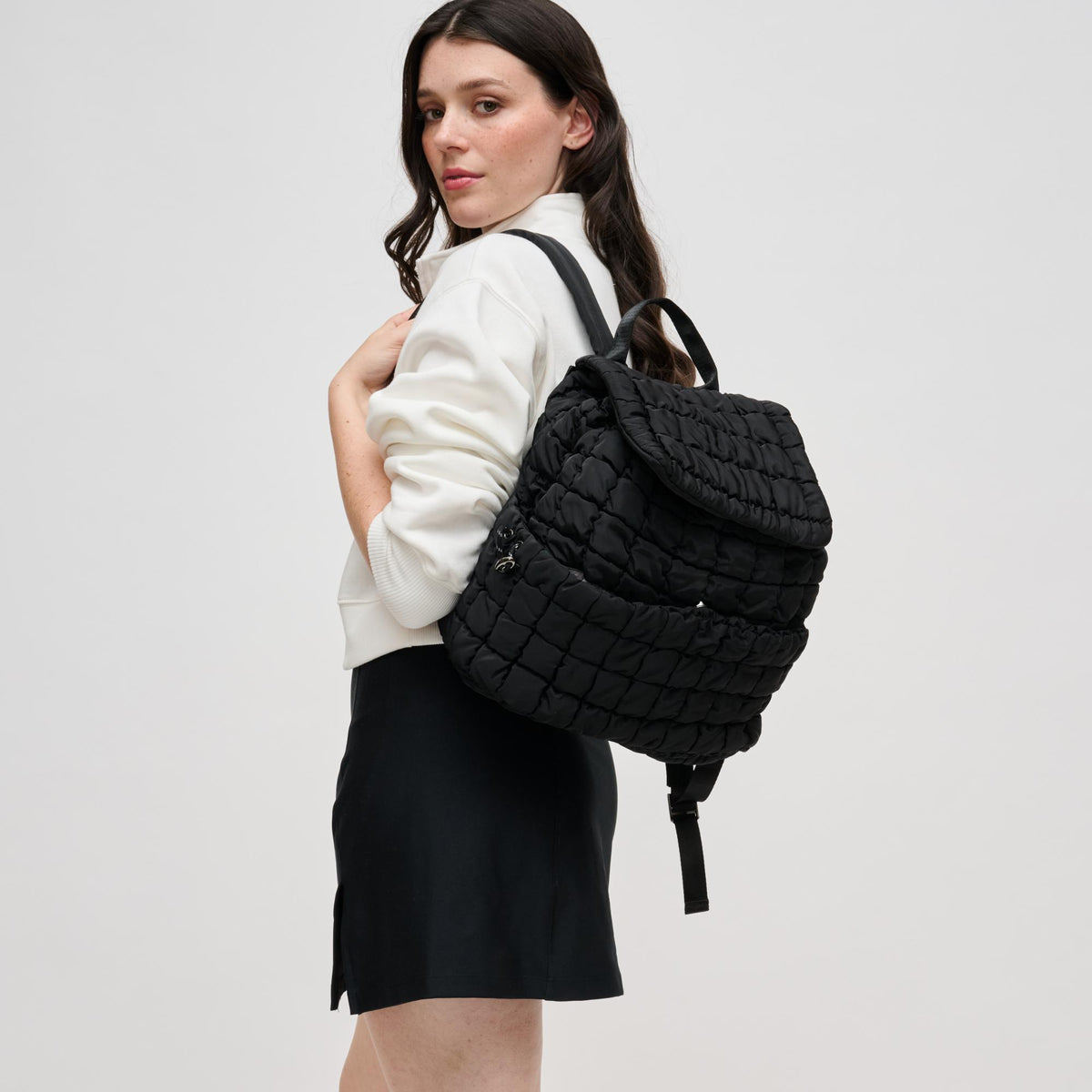 Woman wearing Black Urban Expressions Allston - Quilted Nylon Puffer Backpack 840611140302 View 2 | Black