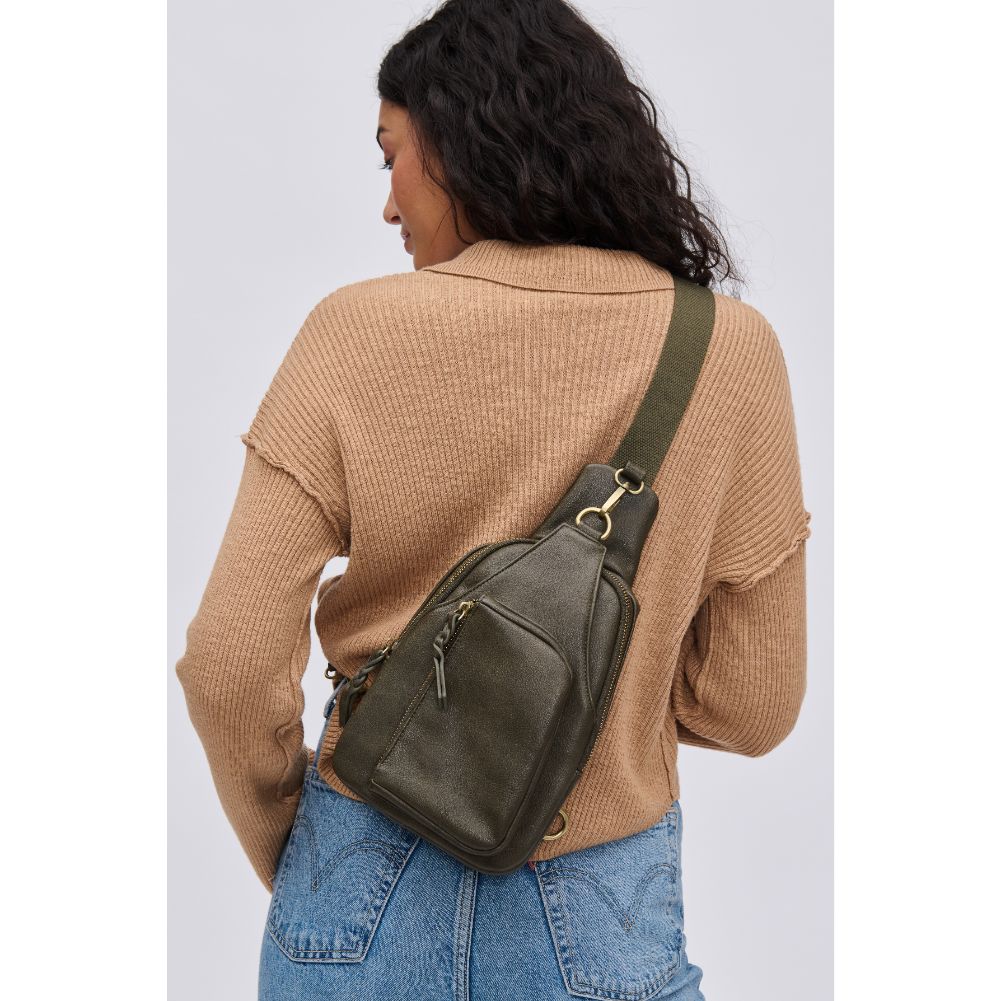 Woman wearing Olive Urban Expressions Wendall Sling Backpack 840611116604 View 1 | Olive