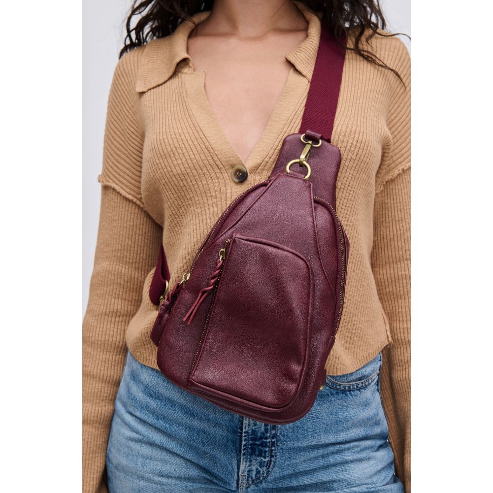 Woman wearing Wine Urban Expressions Wendall Sling Backpack 840611116611 View 4 | Wine