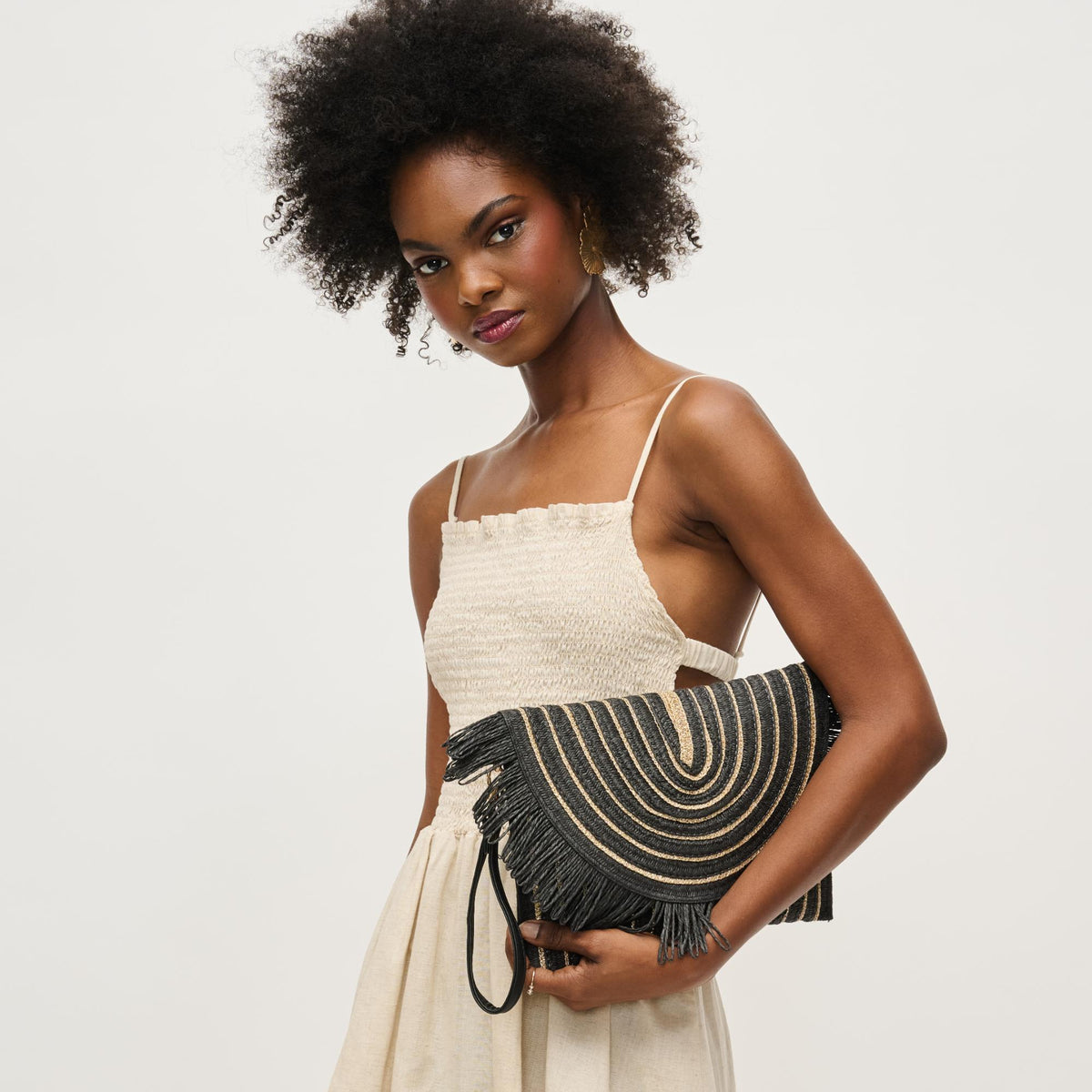 Woman wearing Black Gold Urban Expressions Katie Clutch 840611156907 View 3 | Black Gold