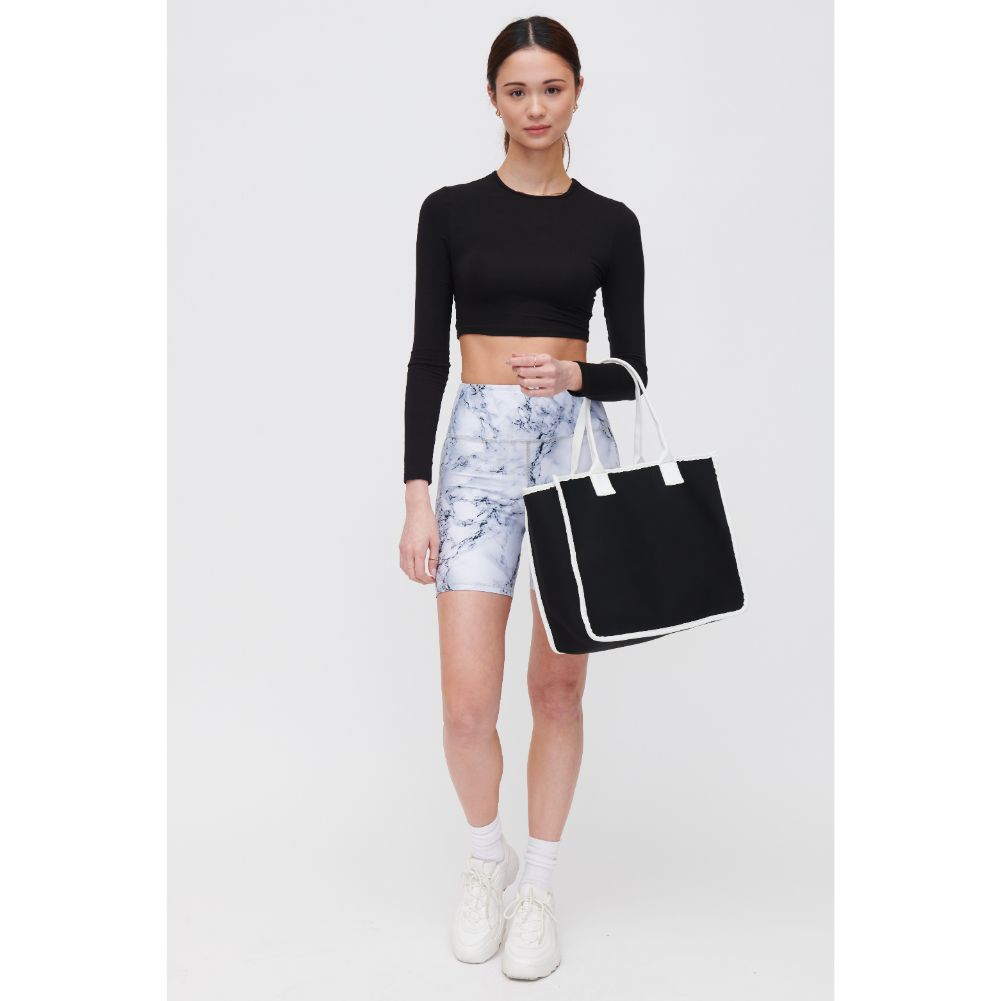 Woman wearing Black White Urban Expressions Wade Tote 840611118141 View 3 | Black White