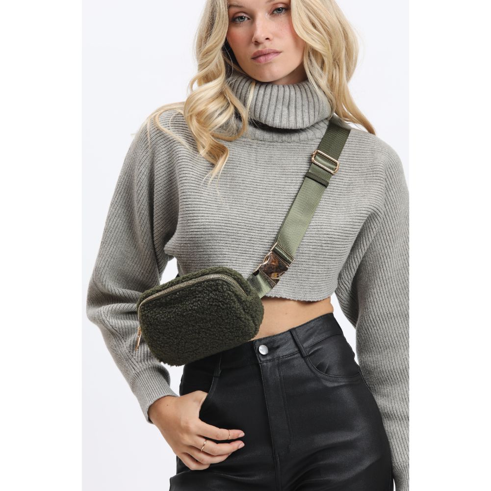 Woman wearing Olive Urban Expressions Santi Belt Bag 840611190482 View 2 | Olive