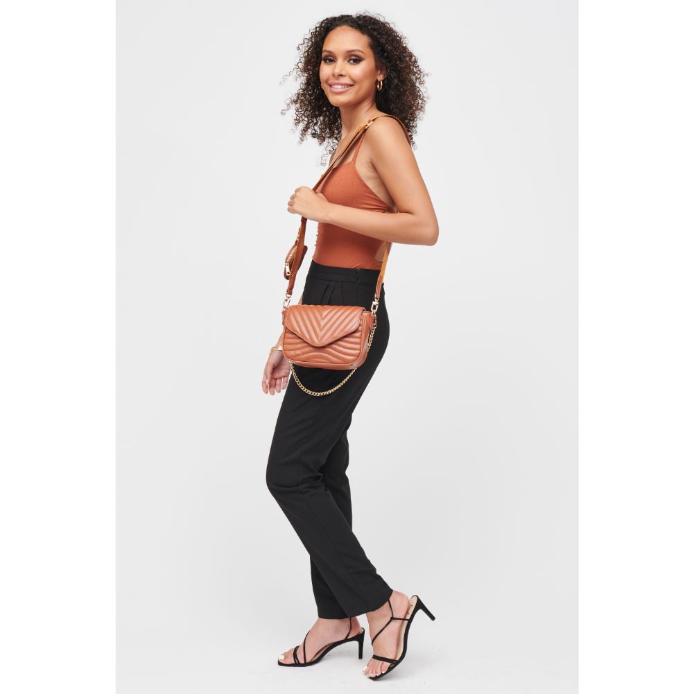 Woman wearing Cognac Urban Expressions Rayne Crossbody 840611183064 View 3 | Cognac