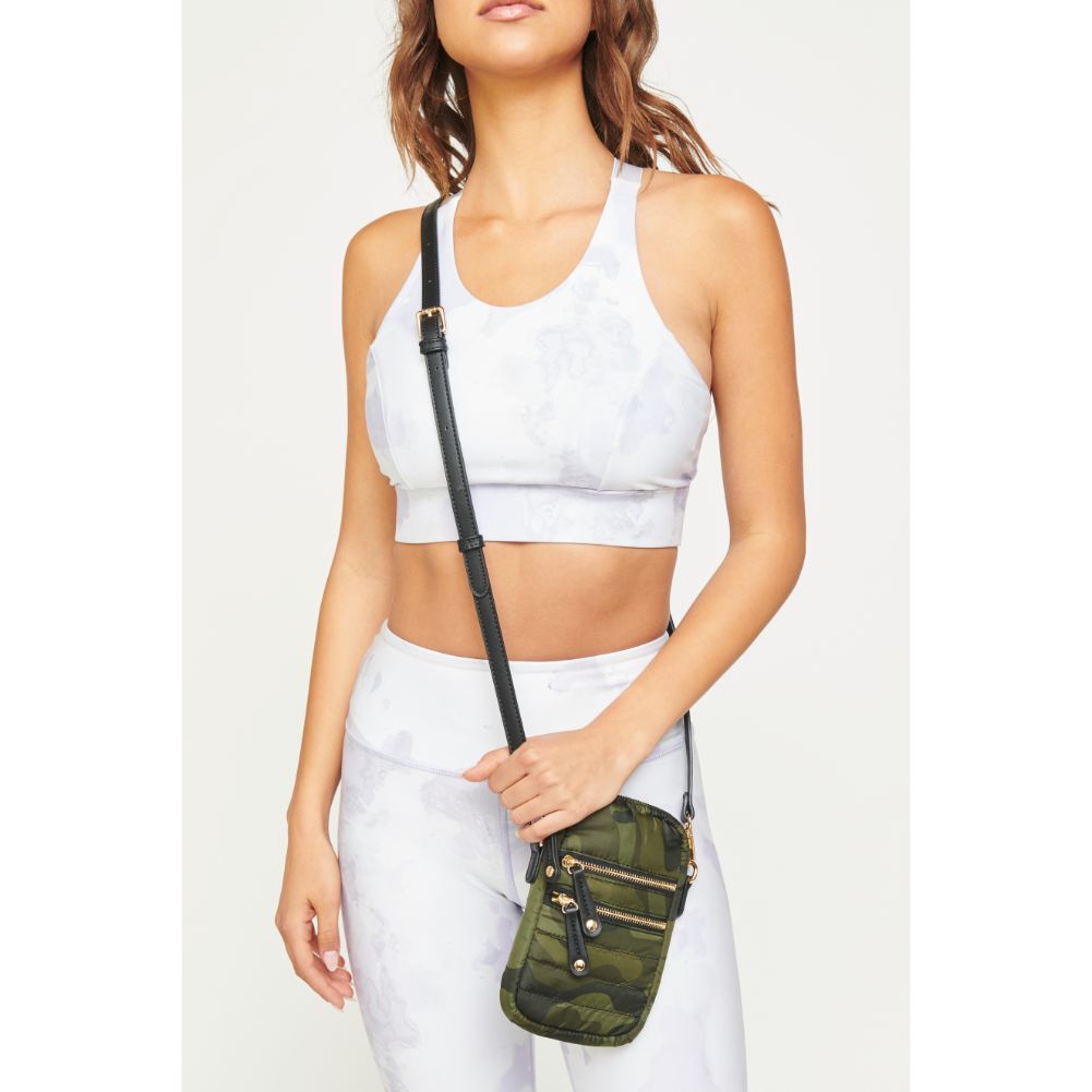 Woman wearing Green Camo Urban Expressions Evelyn Cell Phone Crossbody 840611181985 View 1 | Green Camo