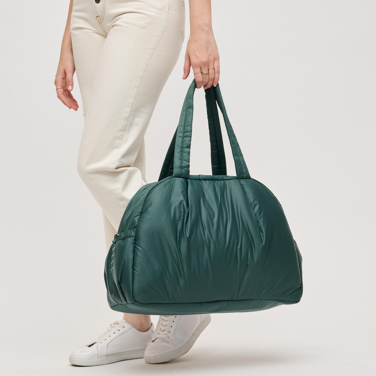 Woman wearing Hunter Green Urban Expressions Rae Duffel 840611141248 View 4 | Hunter Green