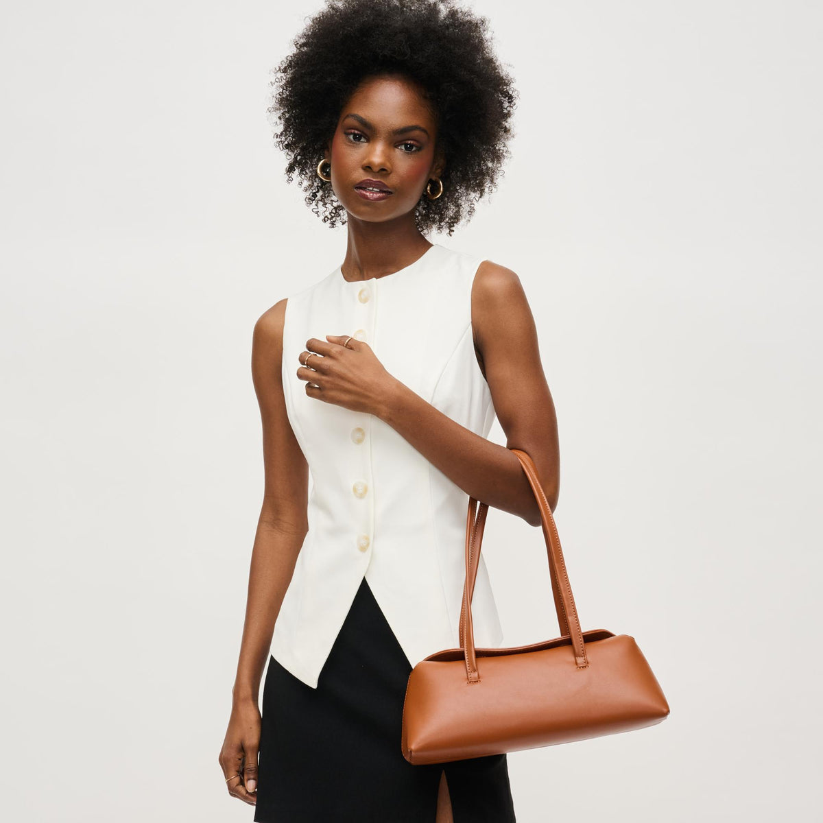 Woman wearing Chocolate Urban Expressions Merlinda Shoulder Bag 840611157096 View 3 | Chocolate