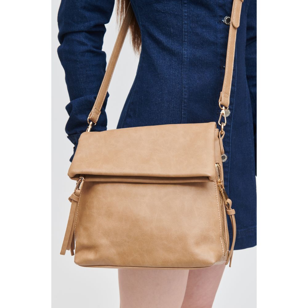 Woman wearing Tan Urban Expressions Wellington Crossbody 840611112217 View 4 | Tan