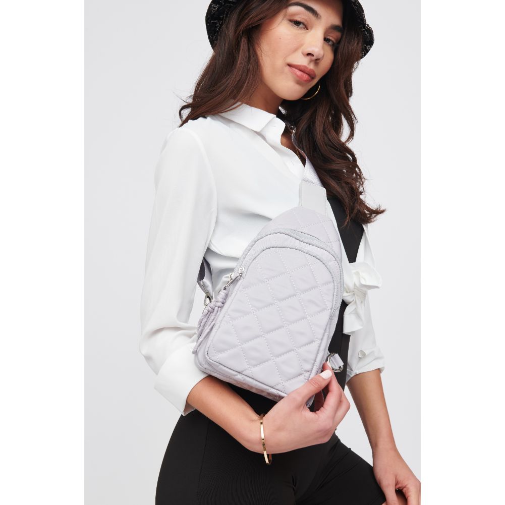 Woman wearing Grey Urban Expressions Ace - Quilted Nylon Sling Backpack 840611101716 View 4 | Grey