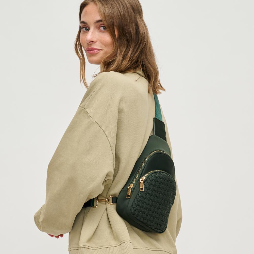 Woman wearing Olive Urban Expressions Hailey Sling Backpack 840611125521 View 4 | Olive