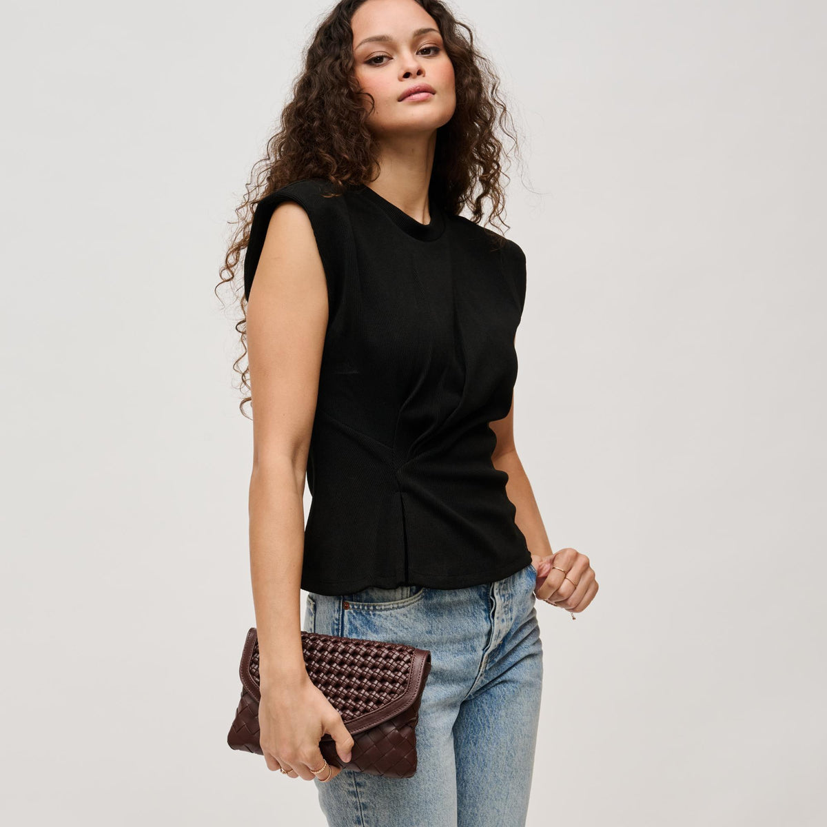 Woman wearing Espresso Urban Expressions Emma Crossbody 840611126368 View 4 | Espresso