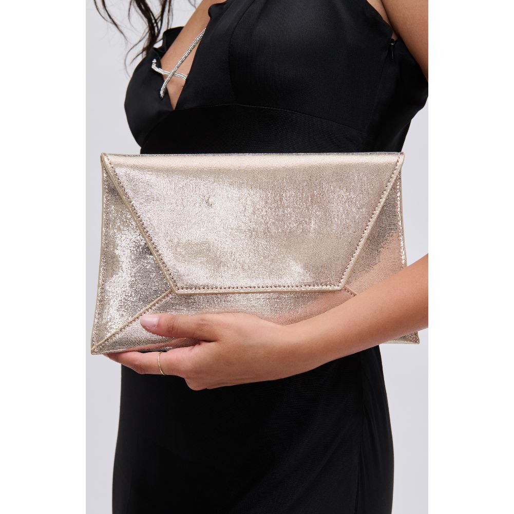 Woman wearing Gold Urban Expressions Cora Clutch 840611109743 View 4 | Gold