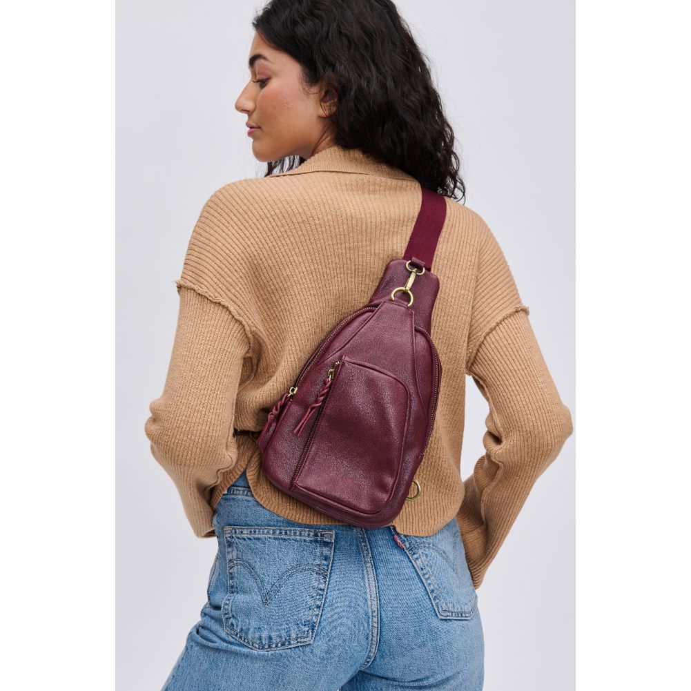 Woman wearing Wine Urban Expressions Wendall Sling Backpack 840611116611 View 1 | Wine