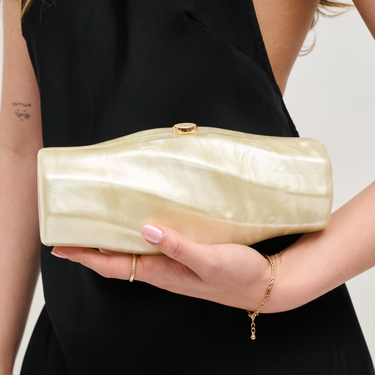 Woman wearing Champagne Urban Expressions Eden Evening Bag 840611145468 View 1 | Champagne