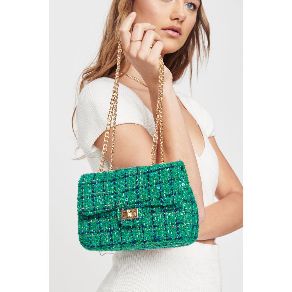 Woman wearing Emerald Urban Expressions Camille Tweed Crossbody 840611103154 View 2 | Emerald