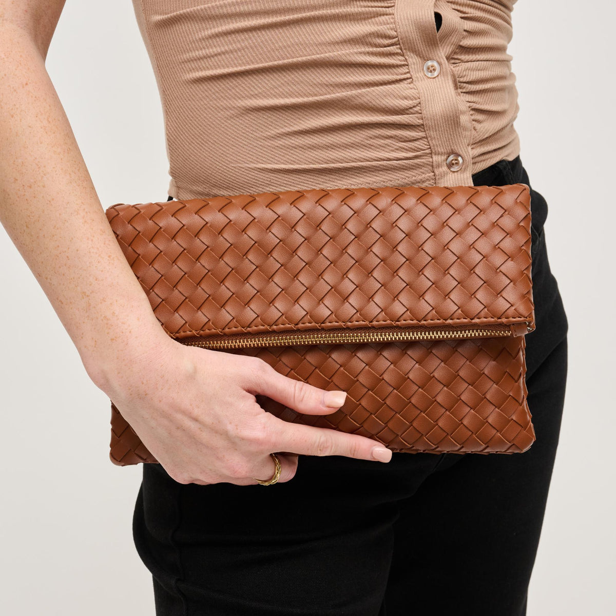 Woman wearing Light Chocolate Urban Expressions Grace Clutch 840611145031 View 4 | Light Chocolate