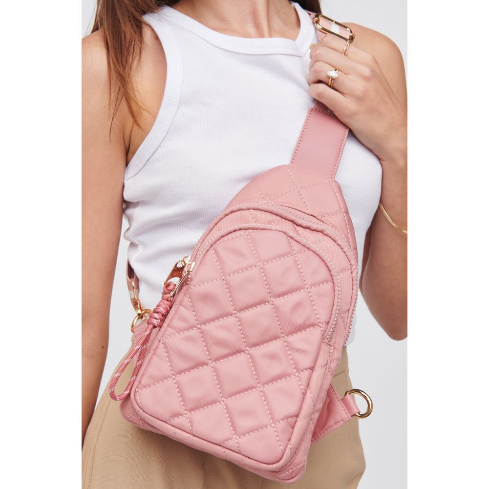 Woman wearing Pastel Pink Urban Expressions Ace - Quilted Nylon Sling Backpack 840611101709 View 2 | Pastel Pink