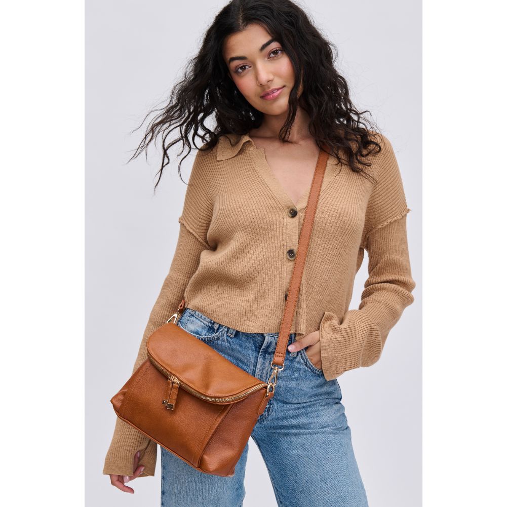 Woman wearing Tan Urban Expressions Iris Crossbody 840611116024 View 1 | Tan