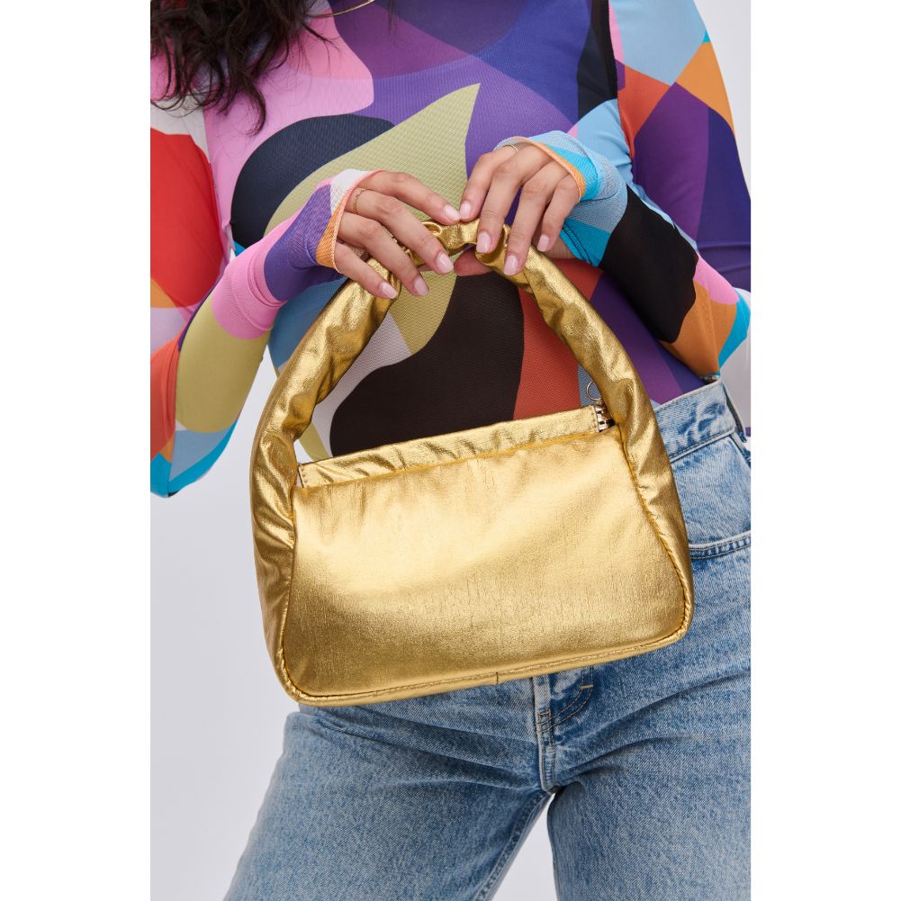 Woman wearing Gold Urban Expressions Lucie Crossbody 840611114297 View 3 | Gold