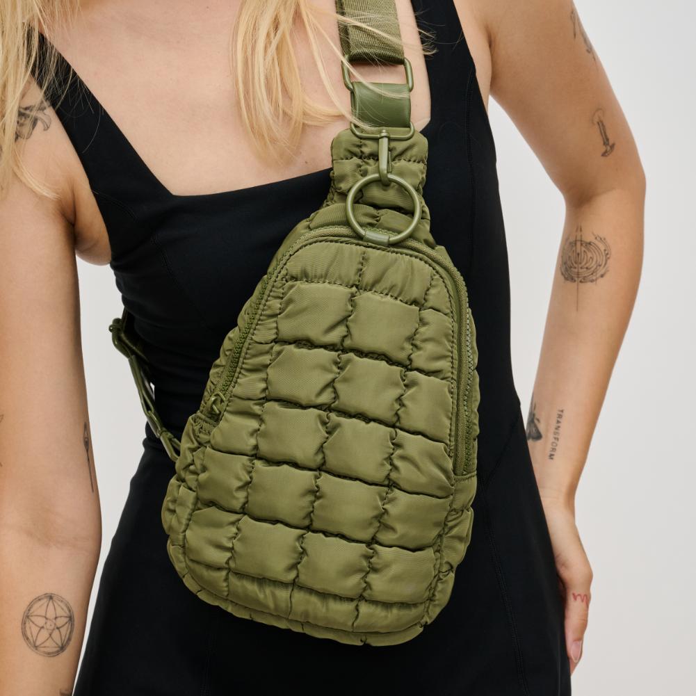 Woman wearing Olive Urban Expressions Bristol Sling Backpack 840611194084 View 1 | Olive